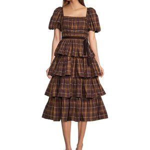 Antonio Melani Maisie Plaid Print Tiered Ruffle Dress in Chocolate Size 10